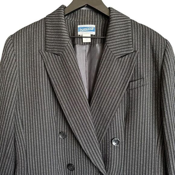 Vintage 90s Pendleton 100% Virgin Wool Pinstripe Blazer Black - Picture 2 of 12